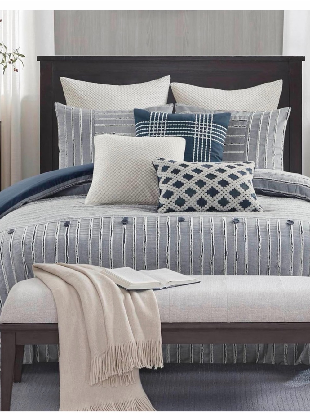 Madison Park Gray and Navy Textured Stripe Comforter Set
